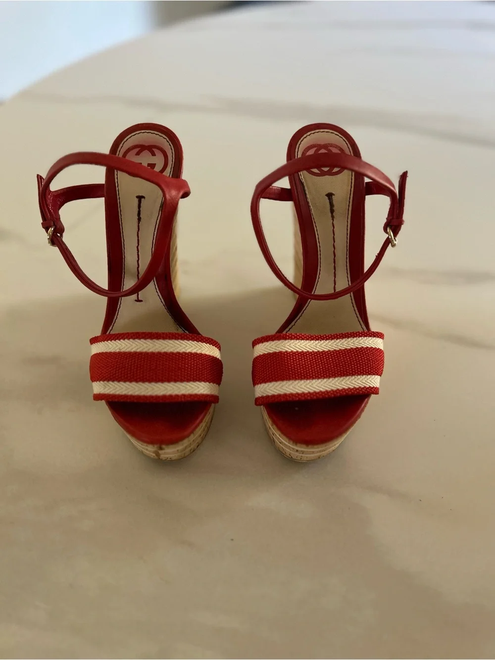 Gucci Red and White Striped Cork Wedge Sandals